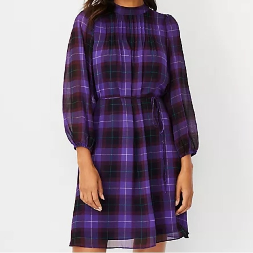 NWT Ann Taylor ‘Plaid Pintucked Belted Dress’ in Purple Size XS Petite